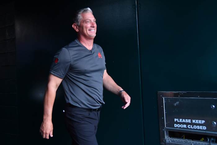 Aug 17, 2023; Philadelphia, Pennsylvania, USA; Cleveland Browns defensive coordinator Jim Schwartz walks to the field against the Philadelphia Eagles at Lincoln Financial Field.